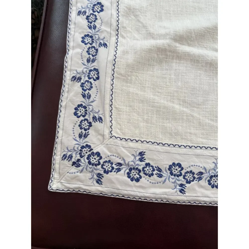 Vintage White Linen Square Table Topper Blue Floral Embroidered Trim